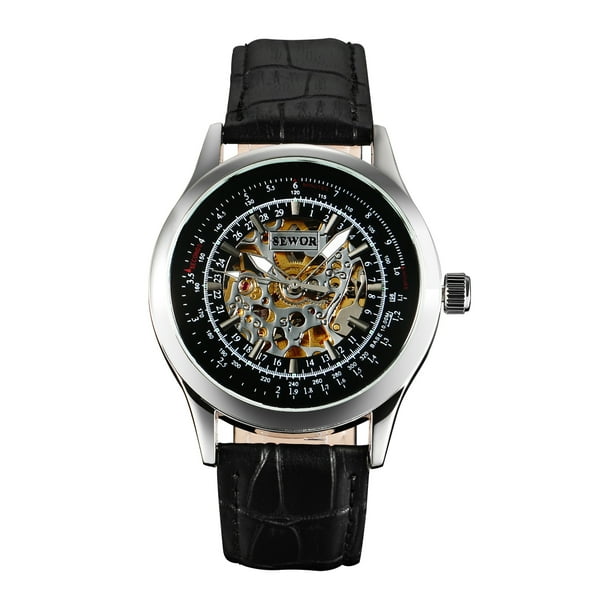 ESS Automatic Mechanical Mens Wrist Watch Silver Case Black Leather