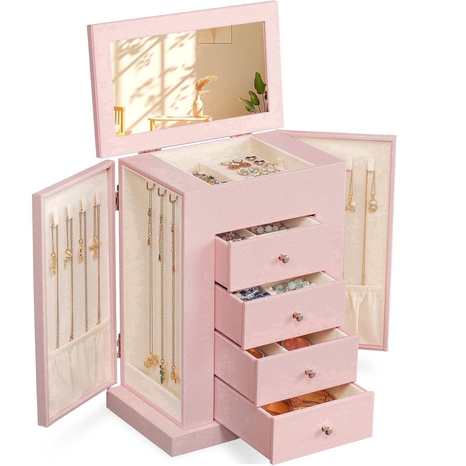 Leather Jewelry Box for Women, 5 Layer Large Jewelry Organizers Box for Necklaces Earrings Rings Bracelets, Organizer with Drawers and Mirror, Pink