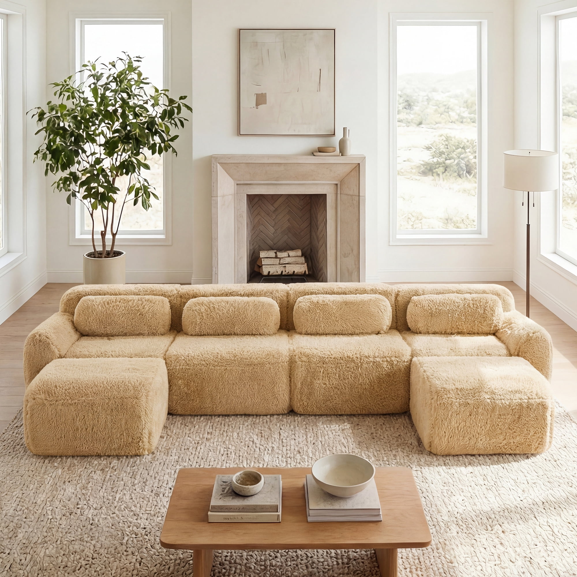 MAYEERTY 149" U-Shaped Boneless Sofa, Khaki 32D High Density Foam Ergonomic Couch, Non-Slip Base Vacuum Compression Free Combination No Assembly Design for Living Room Study