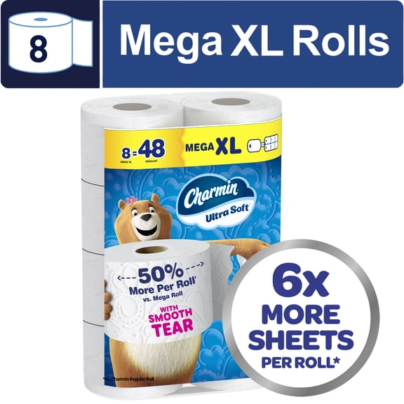 Charmin Toilet Paper Ultra Soft, 8 Mega XL Rolls, 2-ply Bath Tissue
