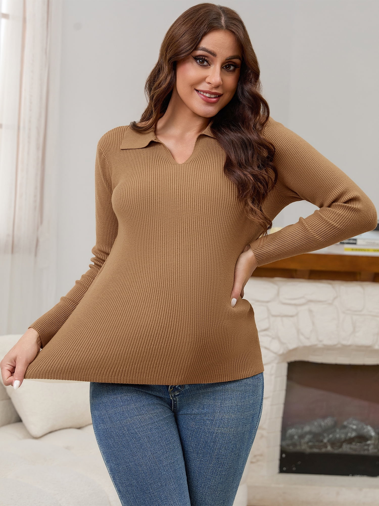 DARING DIVA Women's Maternity Sweater Ribbed Pullover Polo Sweater L Brown