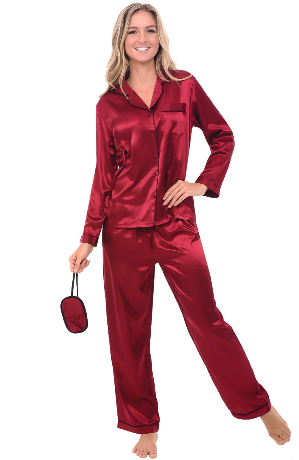 Alexander Del Rossa Women's Button Down Satin Pajama Set with Sleep ...