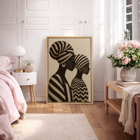 Framed Canvas Print Abstract African Woman Wall Art Boho Decorative for Living Room Bedroom - 16"x24" NATURAL