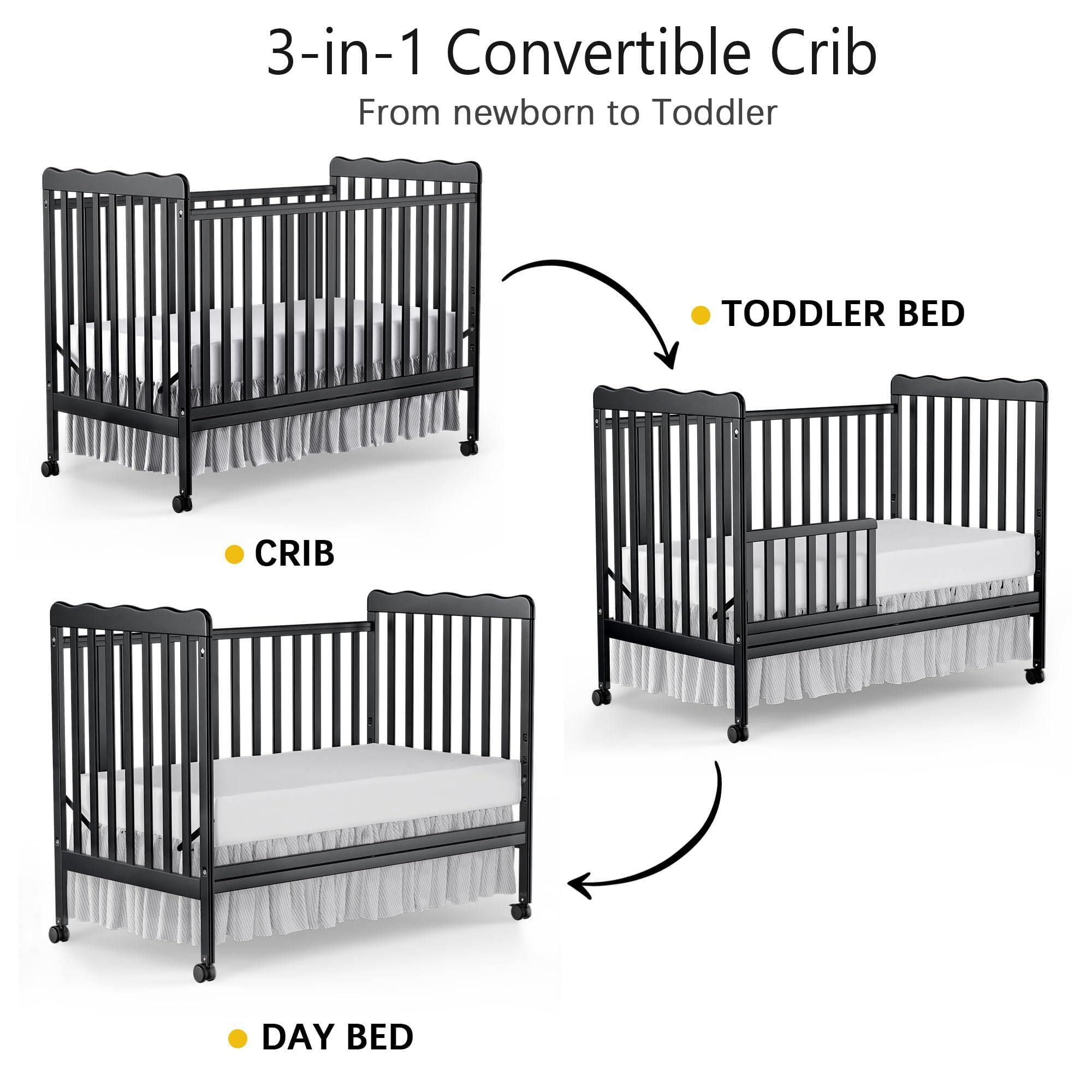 Baby Convertible Crib 3 In 1, Converts from Baby Crib to Toddler Bed, New Zealand Pinewood Baby Bed with Locking Wheels and Teething Rail, Crib with 4 Height Adjustment and Non Toxic Finish, Black