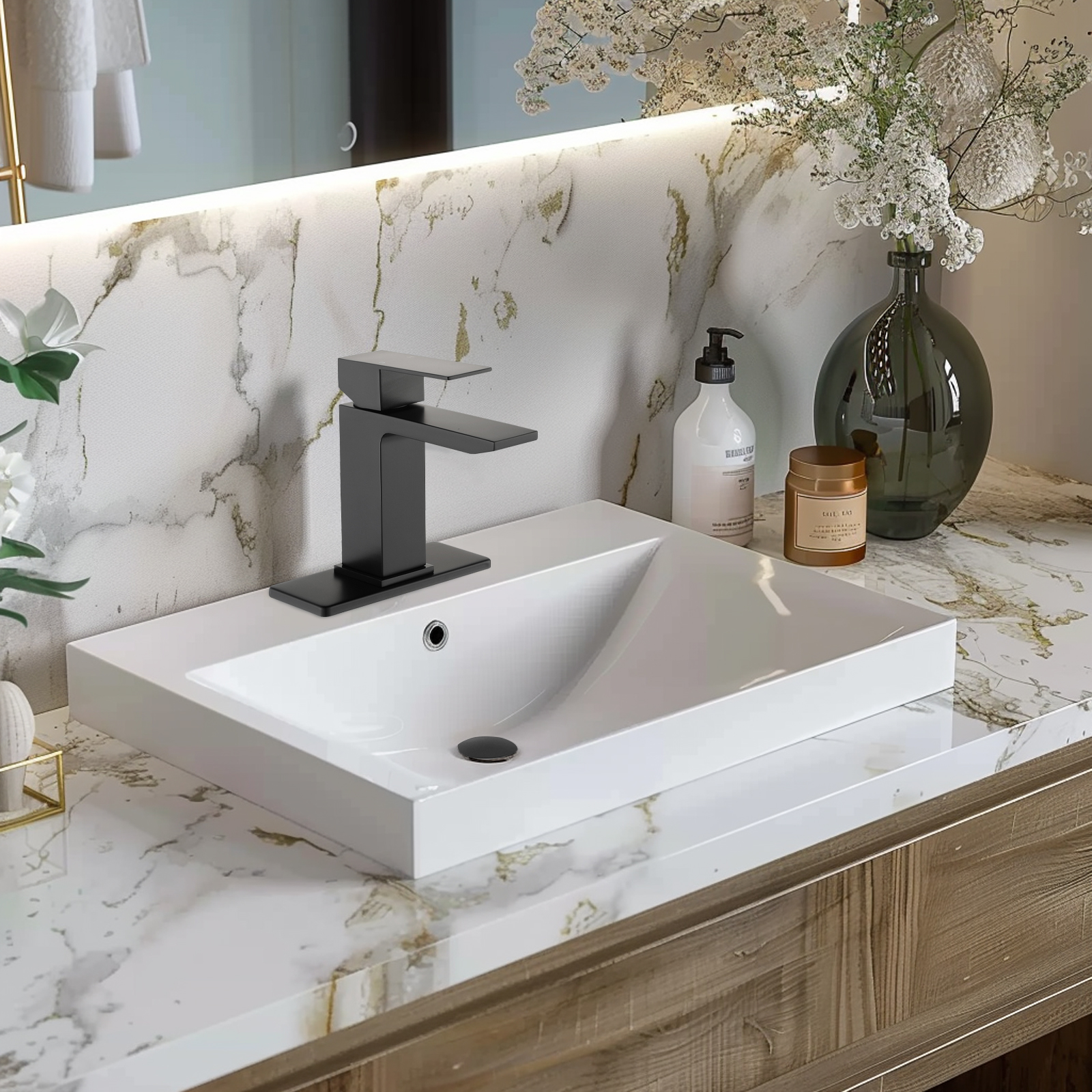 Cobbe Single-Handle Bathroom Sink Faucet for Vanity Waterfall Spout Design Single-Hole Installation With Pop-Up Drain Matte Black