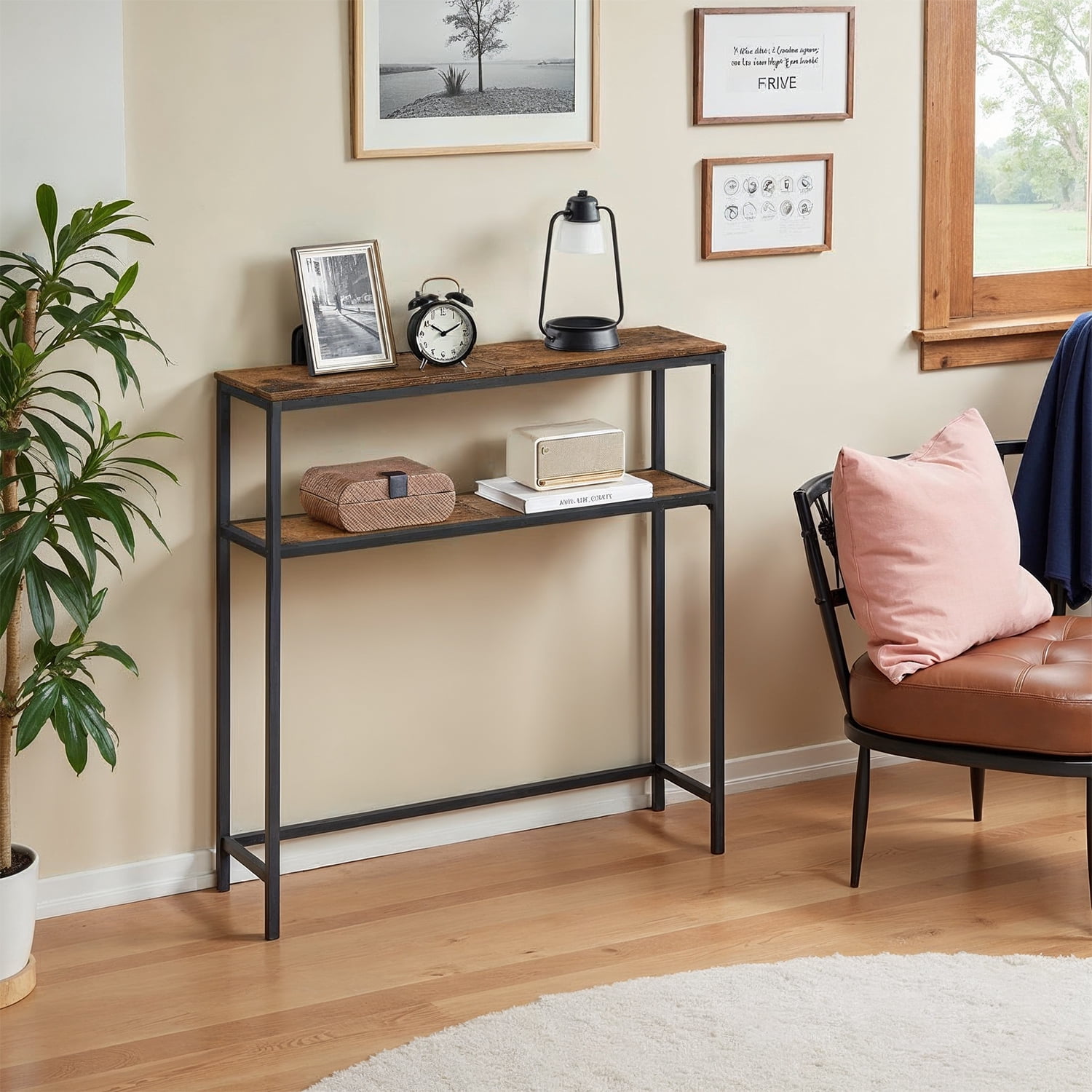 LEDREM 31.5" Modern 2-Tier Console Table, Narrow Sofa Table with Adjustable Feet for Entryway, Living Room, Rustic Brown and Black