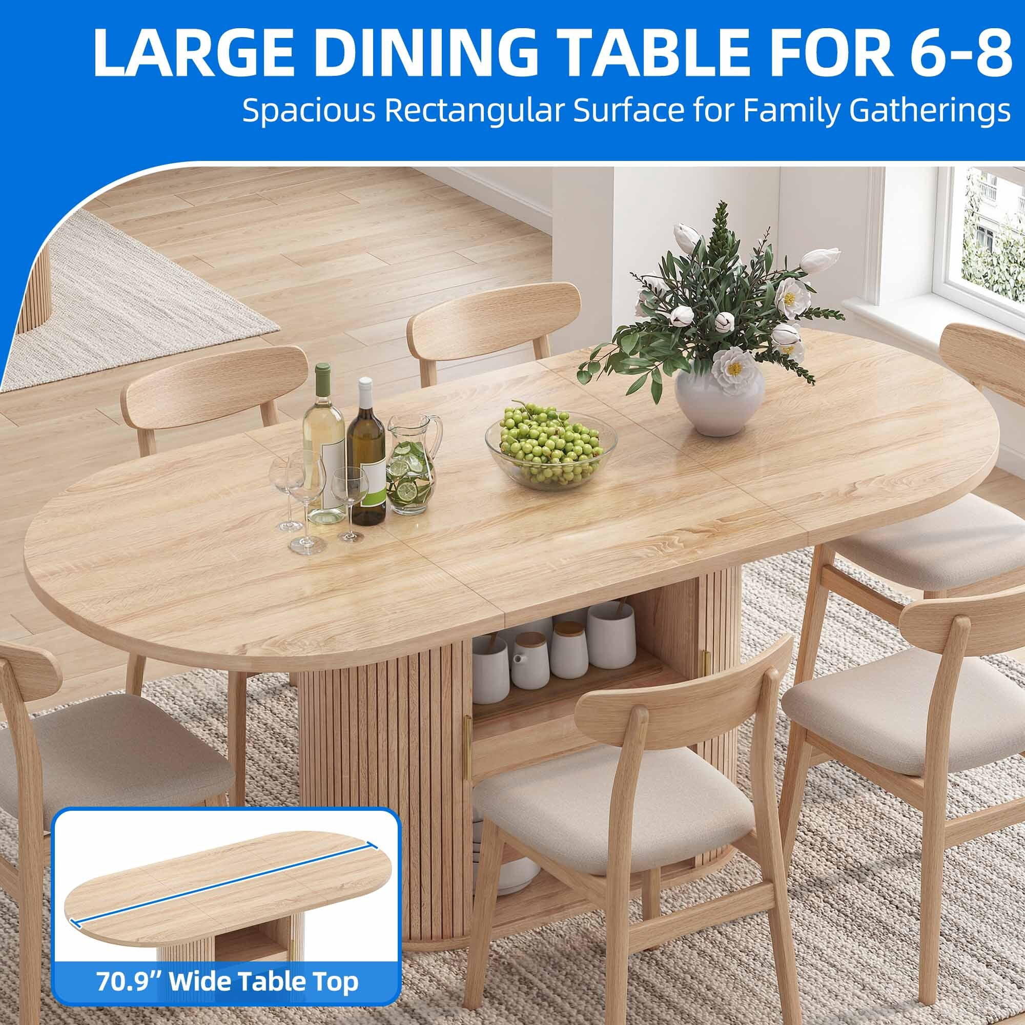 Uforic Oval Dining Table for 6-8 People, 70.9" Modern Kitchen Table with Fluted Base and Storage, Oak
