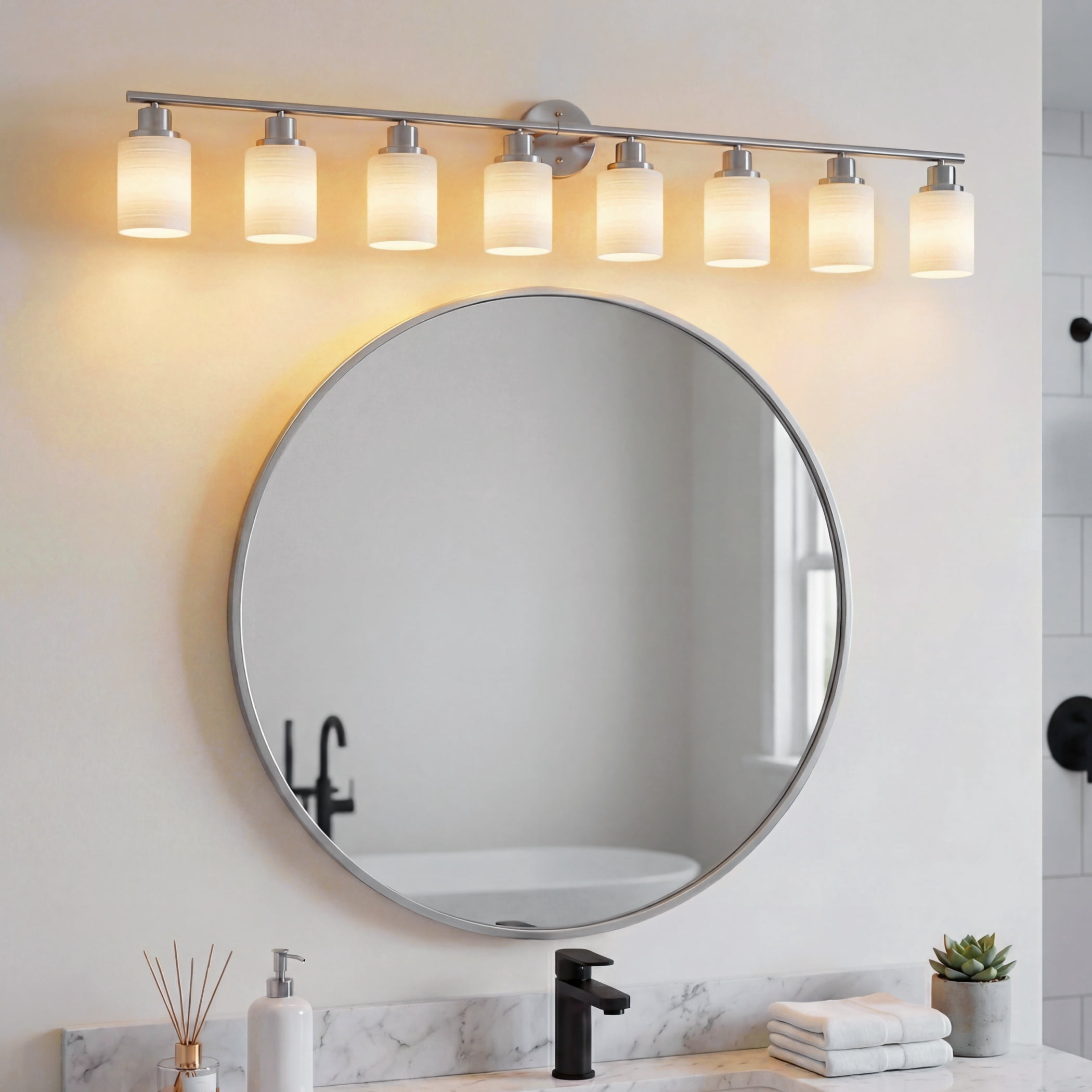 52" Modern 8-Light Bathroom Vanity Light Fixture, Brushed Nickel Wall Sconce with Frosted Glass Shades, Hardwired Lighting for Vanity Mirror, Hallway, Powder Room (Bulbs Not Included)