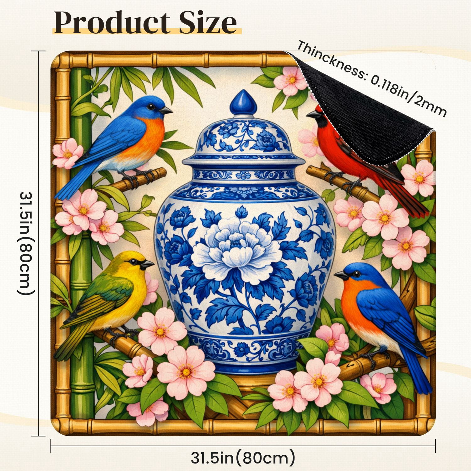 Mahjong Mat 31.5" x 31.5" Blue White Floral Jar Colorful Birds Blossoms Non-Slip Noise Reduction Mahjong Tiles Table Cover for Dominoes Poker Card Board and Tile Games