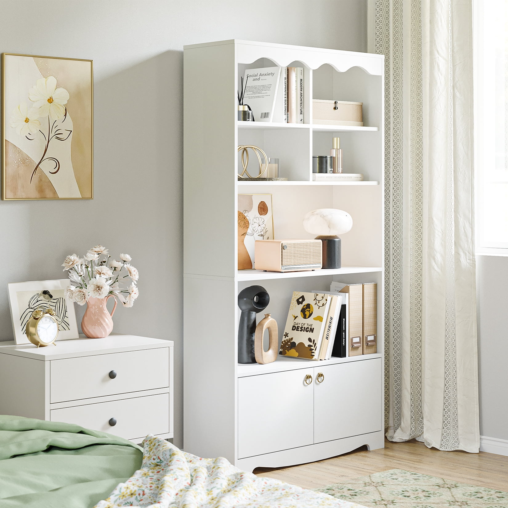 HOBLOC 5 Tier Bookshelf Bookcase with Cabinet Doors, 63 in Tall Wooden Bookshelves, Display Storage Shelves, Floor Standing Book Shelf Furniture for Home Office, Living Room, Bedroom, White