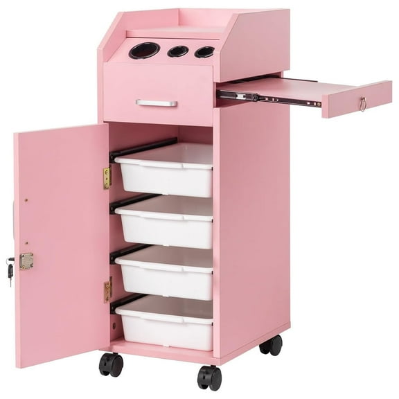 IVV Hair Salon Storage Cart with 4 Wheels & 3 Hair Dryer Holders & 4 Drawers & Lockable Door & 2 Keys, Mobile Hairdressing Tools Station, Pink