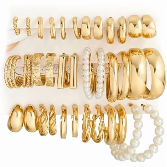 ccwmincc Gold Hoop Earrings Set for Women, 18 Pairs Hypoallergenic Statement Open Pearl Hoops Earring for Multipack, Gold Chunky Hoop Earrings for Women Trendy Jewelry