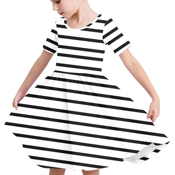 Odeerbi Niñas de Verano Vestido de Línea A Rayas Vestido de Columpio Vestido Elástico de Manga Corta Para Niños