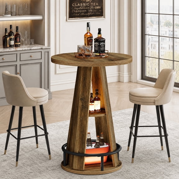 Fnova 39.4" Industrial High Top Bistro Table with Storage, Round Bar Table with Metal Footrest, Rustic Brown