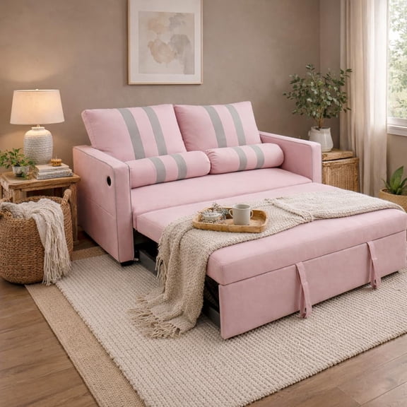 3 in 1 Convertible Sleeper Sofa Bed, Loveseat Sleeper Sofa Bed with Adjustable 3-Position Backrestand and USB Charging Port, Wood Fold Out Bed with Two Pillows and Side Pocket for Small Space Green
