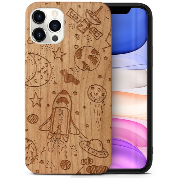 Case Yard Wooden Case Outside Soft TPU Silicone, Slim Fit Shockproof Wood Protective Phone Cover for Girls Boys Men and Women, Supports Wireless Charging Outer Space Design case for iPhone-12-Pro-Max