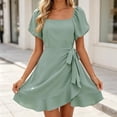thumbnail image 2 of Lmueinov Women's Square Neck Puff Sleeve Tie Waist Ruffle Mini Dress, Casual Party Date Short Dress S-XXL, 2 of 5