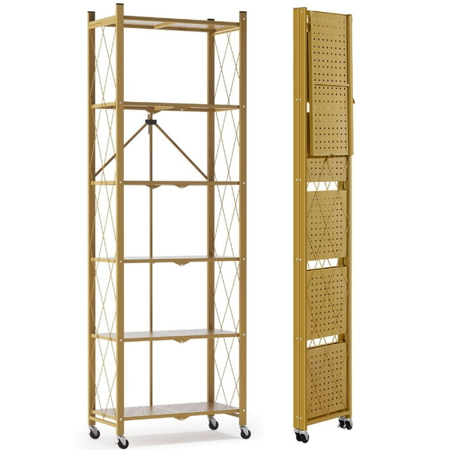 Nbcleanic 6-Tier Foldable Storage Shelf with Wheels, No Assembly Metal Rack Shelves for Living Room Office Bedroom, Bookcase for Adult (Gold)