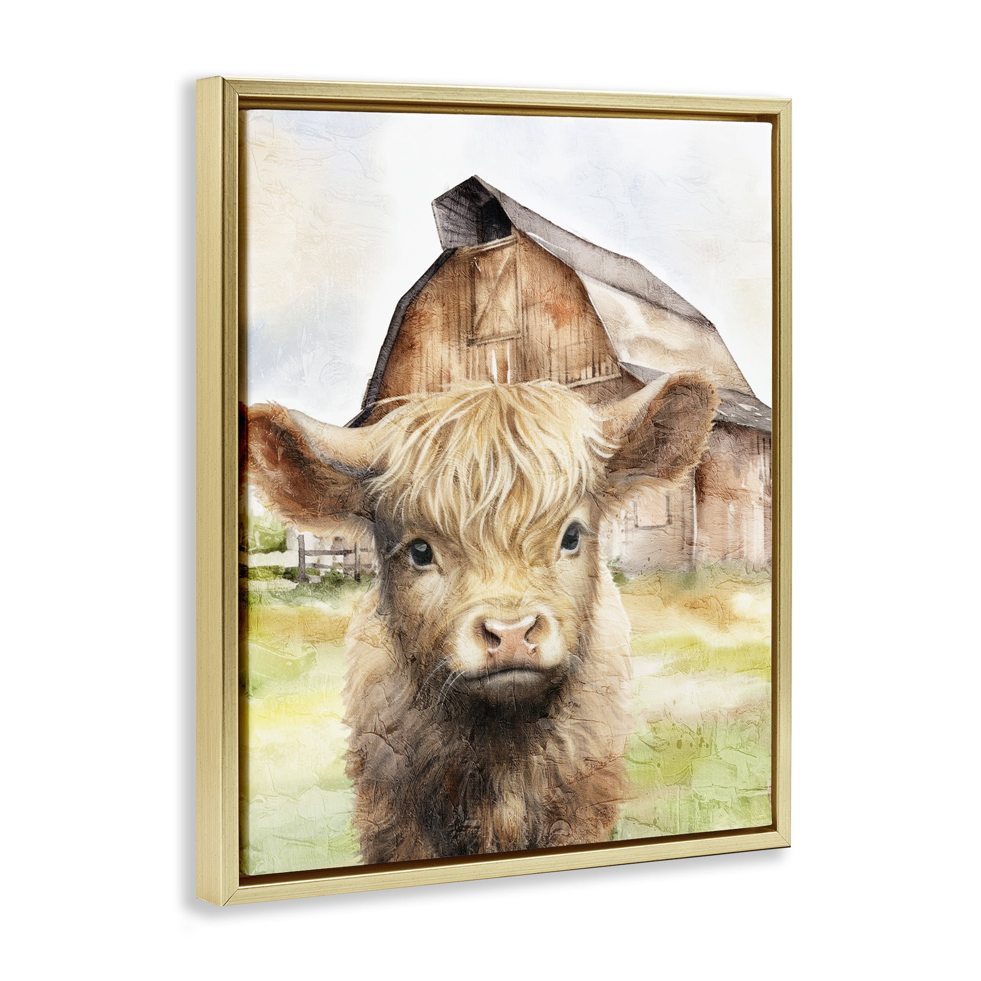 Stupell Industries Cattle Little at Farm Animals Painting Gold Floater Framed Canvas Art Print Wall Art, 17 x 21