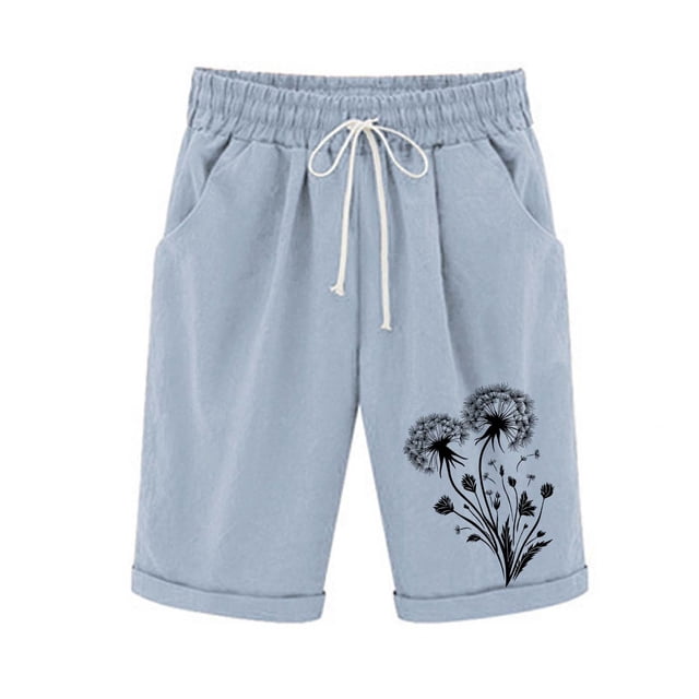 Women's Linen Summer Shorts Casual Bermuda Wide Leg Mid Length High Waisted Drawstring Dandelion Print Short With Pocket A-Light Blue