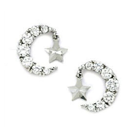 Sterling Silver Rhodium Plated CZ Crescent Moon With a Star Screw-Back Earrings - Measures 9x9mm