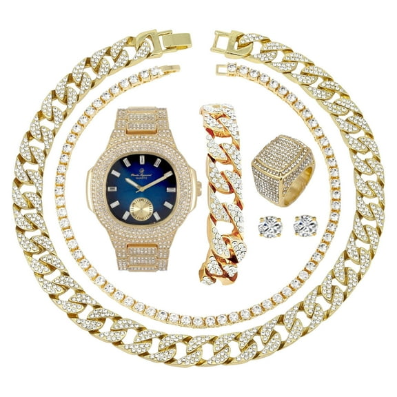 Fully Iced Mens Big Rocks Bezel Color Dial with Baguette , Cuban Chain Bracelet, Cuban Necklace, Tennis Chain & Ring - CRNT (ST10235 VO GLD BLUE, 11)