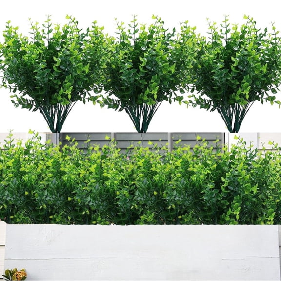 24 Bundles Greenery Artificial Plants Outdoors, Eucalyptus Stems UV Resistant Fake Foliage Plants Faux Boxwood Shrubs Indoor Decorations Artificial Flowers for Garden Pot Porch Fence Hanging Planter