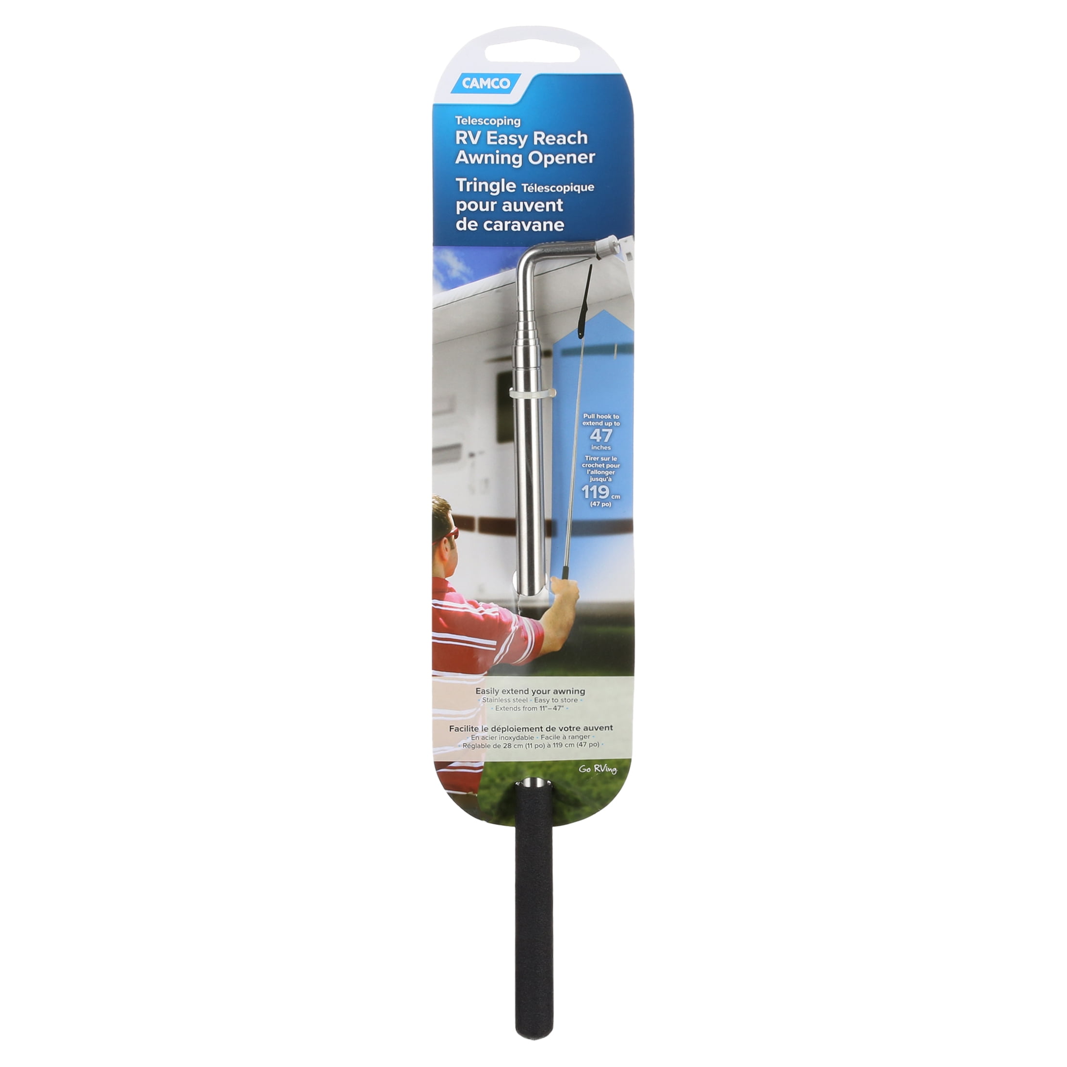Camco RV Easy Reach Awning Opener, Extends 11" to 47", Silver with a Black Handle (42544)