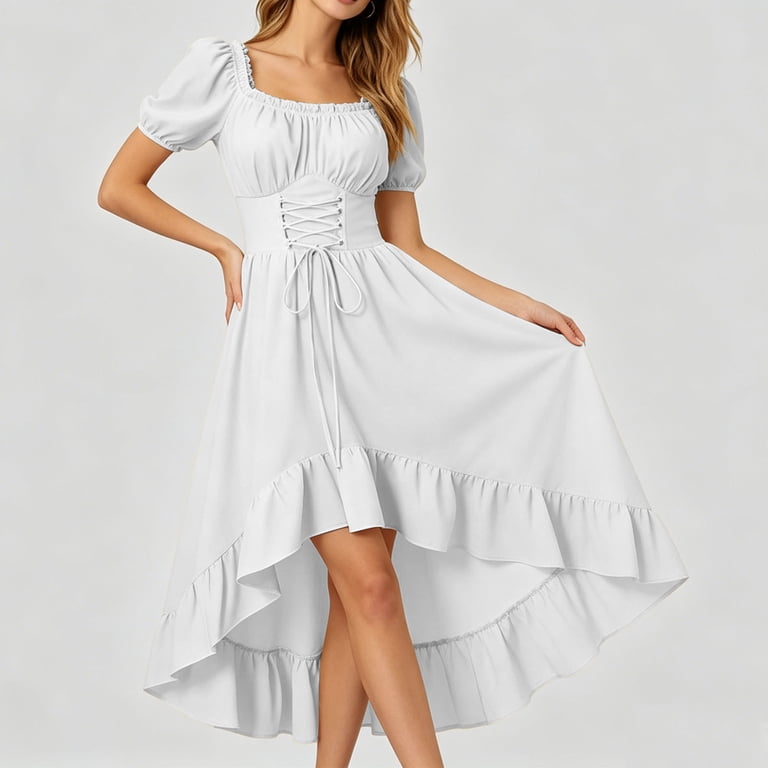 Oksale Women's Renaissance Medieval Dresses Elegant Lace Up Cottagecore Dress Puff Sleeve Midi Peasant Dresses Flowy High Low Ruffle Hem A Line Dress White 2XL