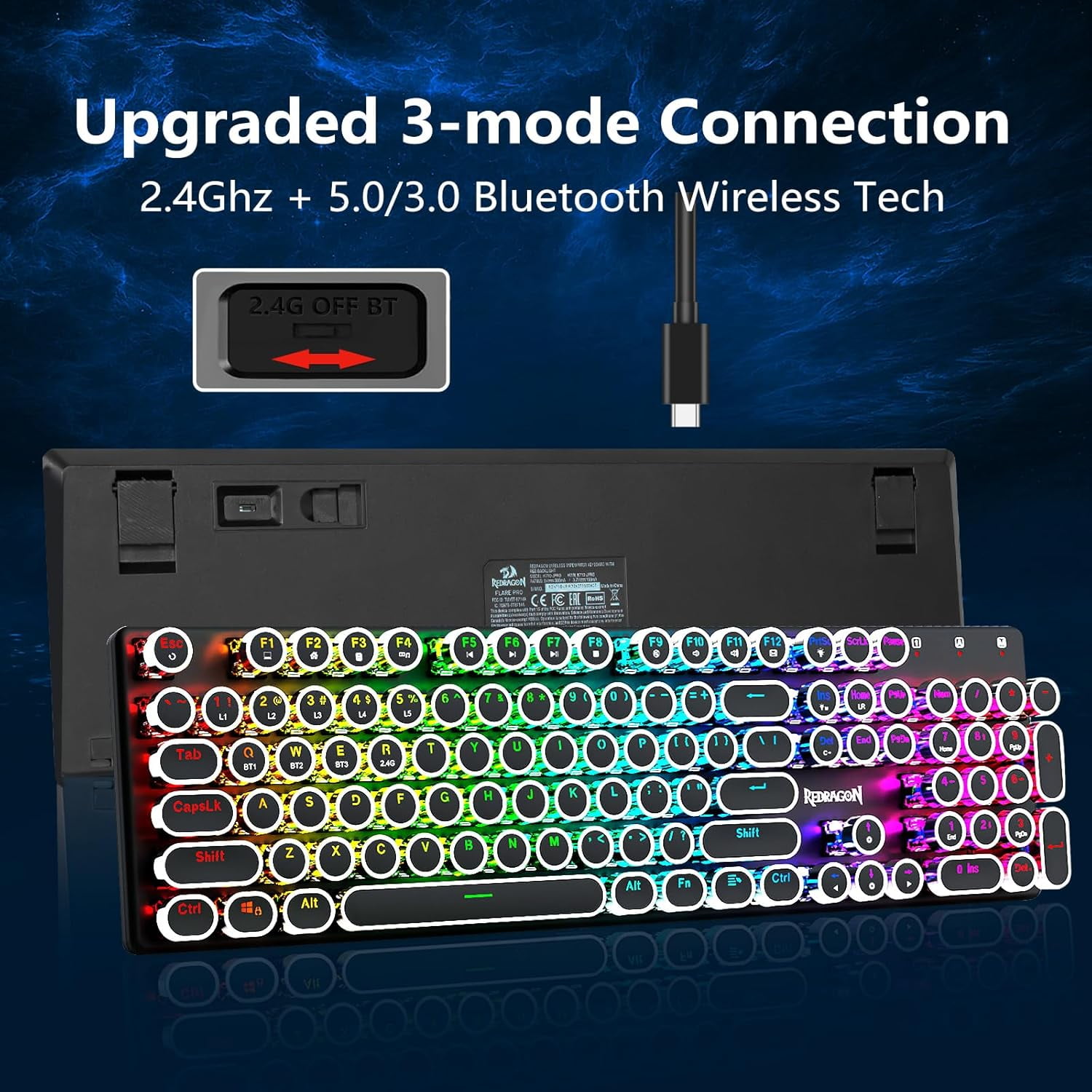 Wireless Typewriter Mechanical Keyboard with Backlight, Blue Clicky Switches, Rechargeable Battery, Solid Metal Panel, and Round Keycaps