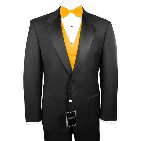Neil Allyn 7-Piece Formal Tuxedo with Flat Front Pants, Shirt, Gold Vest, Bow-Tie & Cuff Links. Prom, Wedding, Cruise