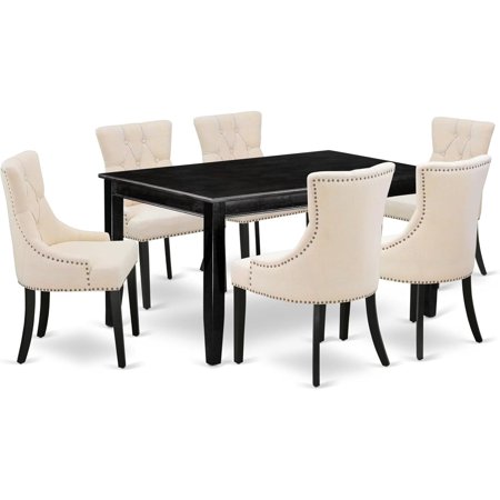 HomeStock 7 Piece Dining Room Table Set Consist of A Rectangle Wooden Table and 6 Light Beige Linen Fabric Upholstered Parson Chairs 36X60 Inch Black