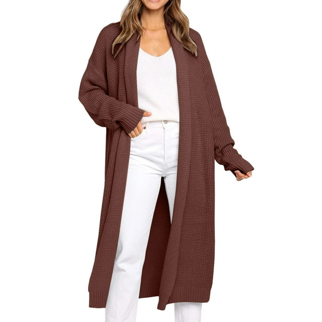 Manteau pour Femmes Automne Hiver Couleur Unie Mode Manteau Extérieur Cardigan Mi-Long Chaud Ouvert devant Manteau Manches Longues Tricoté Trench-Coat Col Rond