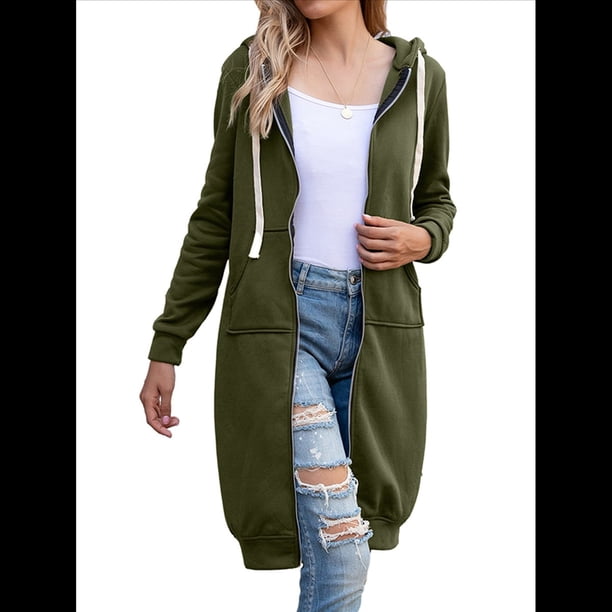 Sudadera con Capucha y Cremallera para Mujer, Chaqueta Informal de Larga para Otoño, Chaquetas Largas de Otoño con Bolsillos, Túnica Verde XL