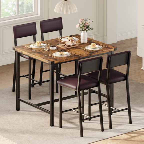COZONY 5-Piece Dining Table Set, Counter Height Bar Table with 4 Upholstered Stools, Footrests and Corner Protectors,Retro color