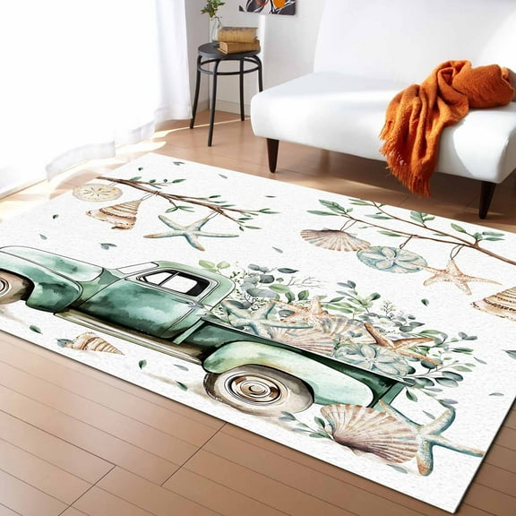 Area Rugs Indoor Non-Slip Rectangle Rug 5x8 Ft Sage Green Truck Ocean Starfish Shell Summer Leaf Rug Rubber Backing Floor Mats Non Shedding Home Decor Carpet for Entryway Living Room