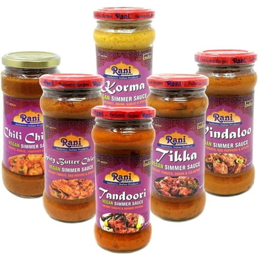 Rani Vegan Simmer Sauces 6-Pack Variety (Tandoori, Tikka, Vindaloo, Korma, Chilli Chicken, Spicy Butter Chicken) 14oz (400g) Glass Jar ~ Easy to Use | All Natural | Gluten Free | Indian Origin