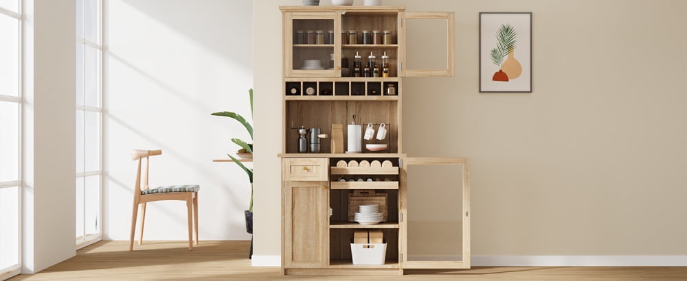 Farmhouse Freestanding Buffet with Hutch, Tall Kitchen Pantry Storage Cabinet with Wine Rack, Adjustable Shelves and Tempered Glass Doors for Dining Room