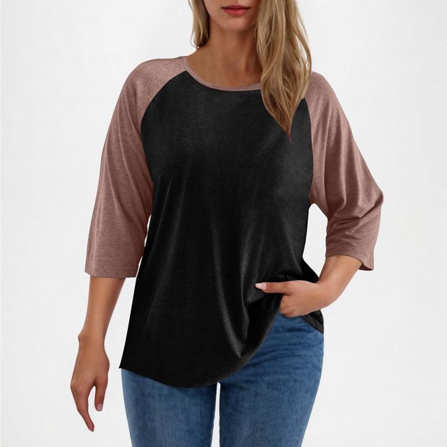 Meichang T-Shirts à Manches 3/4 Grande Taille pour Femmes, Col Rond, à Blocs de Couleur, Raglan, Décontractés, Amples, Légers, pour Sorties, Cadeaux pour Femmes