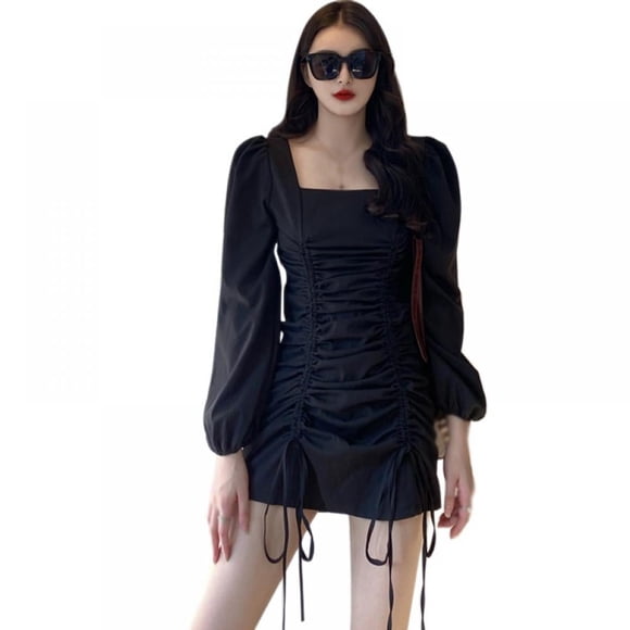 Ladies Korean Fashion Casual Ladies Slim Folds Drawstring Short Sleeve Square Neck Short Dress