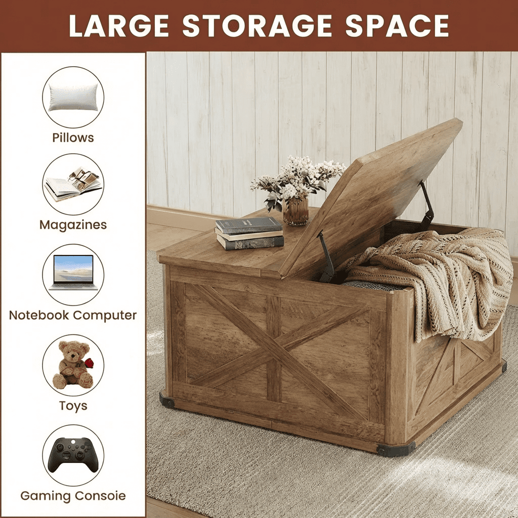 LEDREM 31.5" Farmhouse Coffee Table with Flip-Top Storage, Rustic Square Center Table for Living Room, Honey Brown