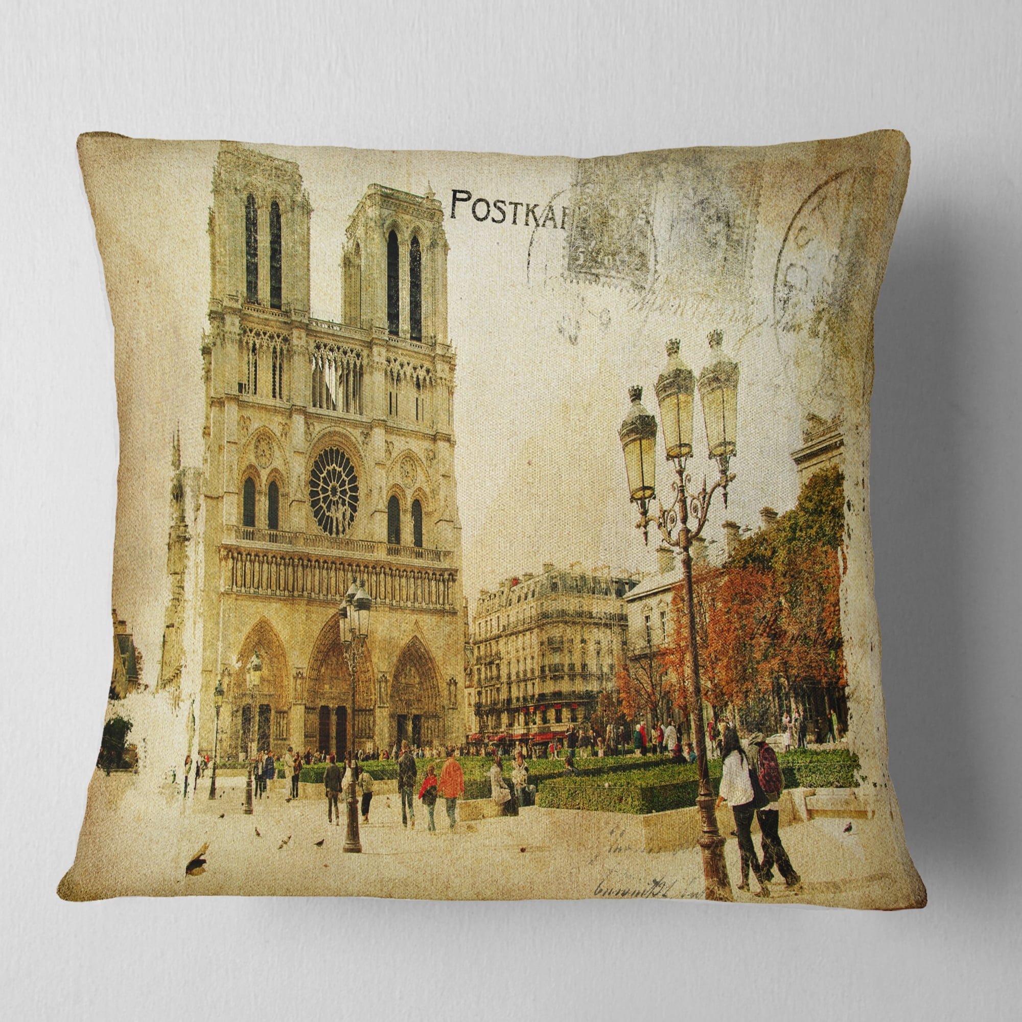 Designart Notre Dame Cathedral Vintage Card - Contemporary Throw Pillow - 16x16