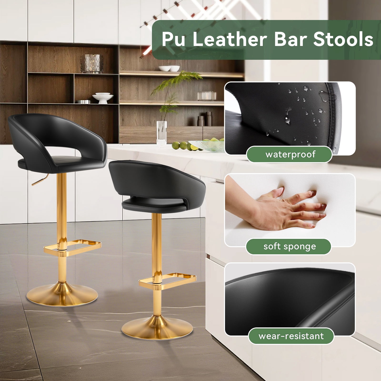 Modern Adjustable Bar Stools with PU Leather Seat, 360° Swivel Open Mid Back & Armrest Bar Stool– Ideal for Kitchen , Bar, Café, Counter Seating (Black)
