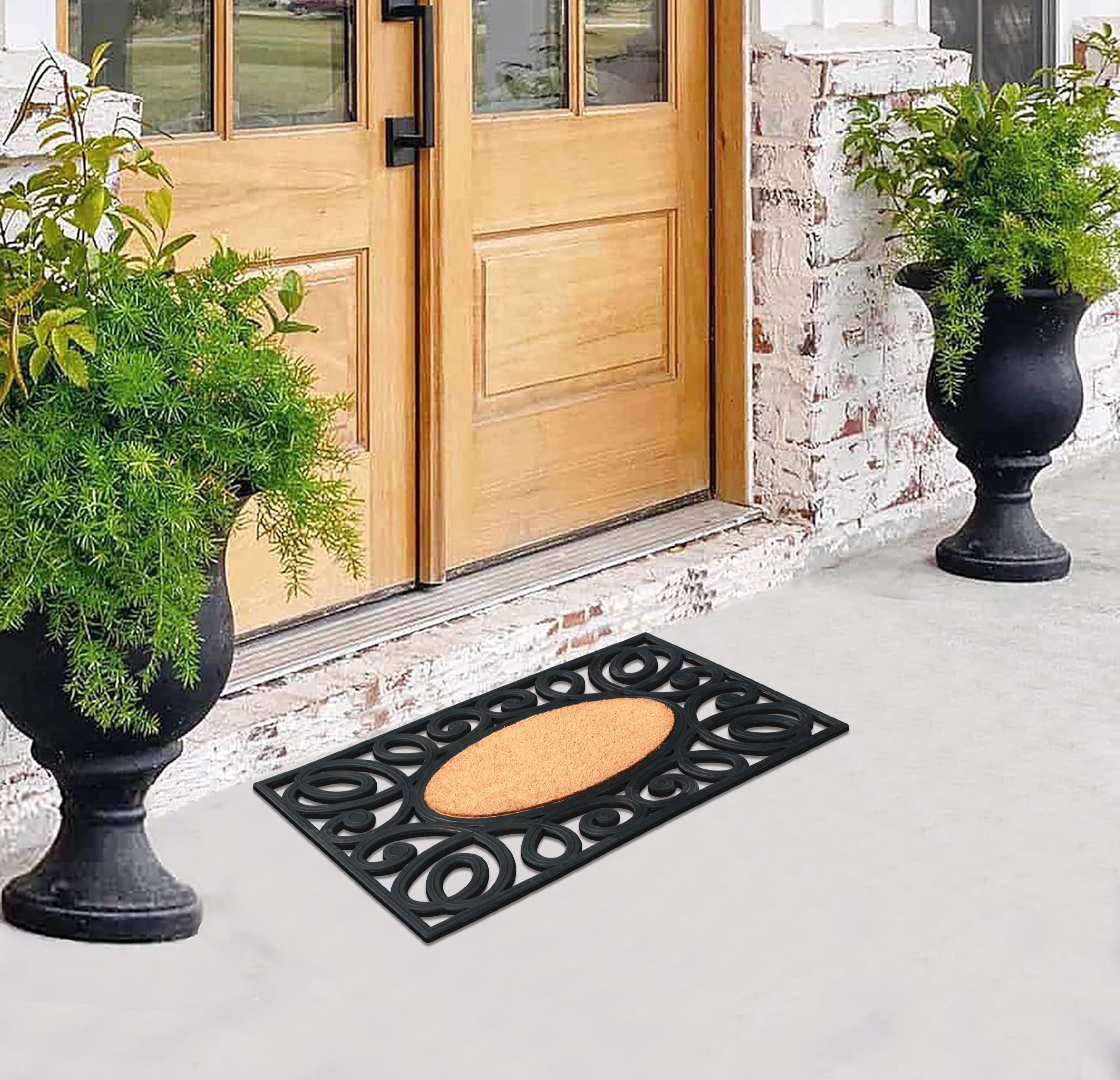 A1 Home Collections 38"×23" Natural Coir & Rubber Doormat - Decorative Welcome Design, Heavy Duty Coconut Fiber Entry Mat with Non-Slip Backing - Anti-Shed Treated, Low Profile Outdoor Front Door Mat