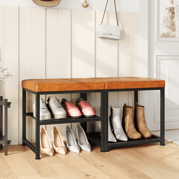2-Seat Shoe Bench with Cushion, 2-Tier Entryway Shoe Rack Organizer, Adjustable Shelf, Brown