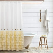 Shaina White and Eggshell Shabby Chic Shower Curtain 72 x 72 with Farmhouse Ruffles and French Country Style Buttons - Modern Farmhouse Shower Curtain Fabric (Eggshell)