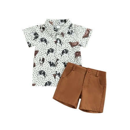 

JYYYBF 1-6Y Toddler Boys Western Outfits Cattle Print Short Sleeve Button Shirts+Shorts Gentleman Summer Outfits Light Brown 5-6 Years