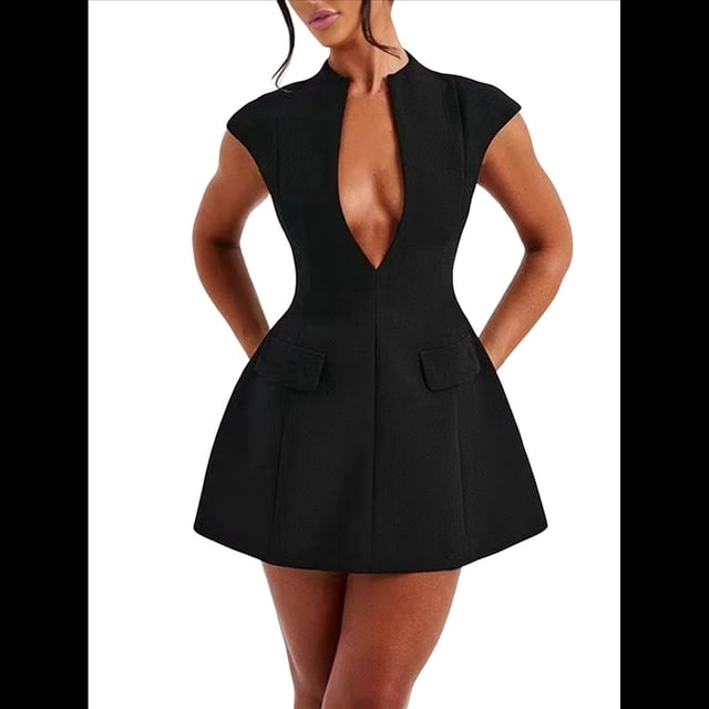 Vestido Mini de Verano Sexy para Mujer, con Mangas , Escote en V Profundo y Cremallera, Corte A, Ajustado, para Fiesta Negro M