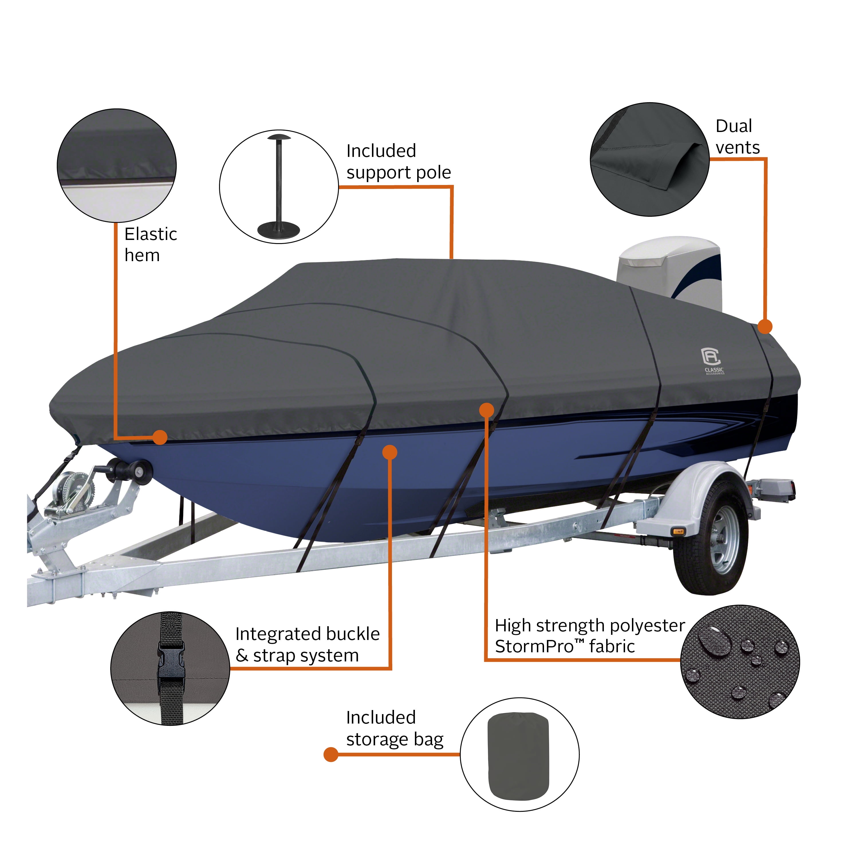 Classic Accessories StormPro Heavy-Duty V-Hull Inboard/Outboard Boat Cover, Fits Boats 20 ft 6 in - 21 ft 6 in long x 96 in wide
