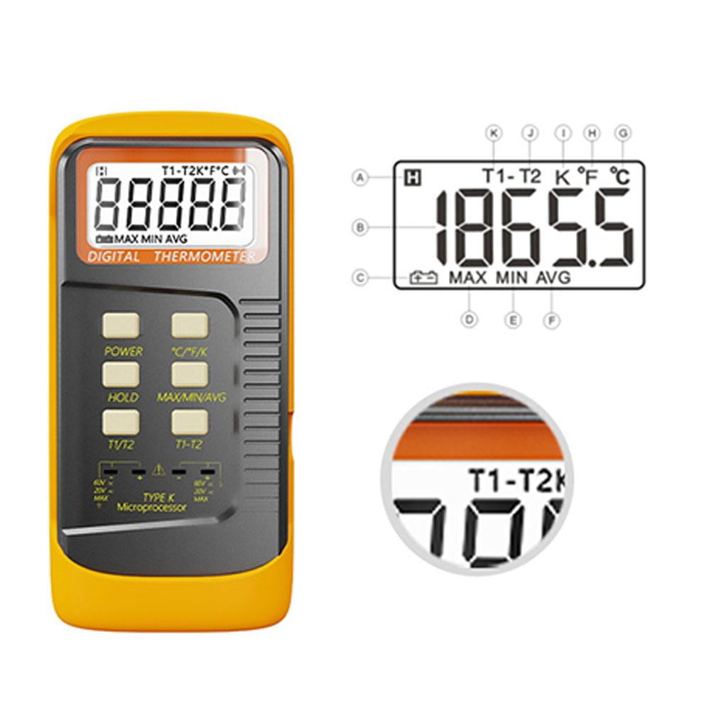 Dual Channel K-Type Digital Thermocouple Thermometer 6802 II with 4 Probes for BGA HVAC Temperature Measurement -50C to 1370C (-58F to 2498F) Industrial Temperature Meter,Large LCD Display